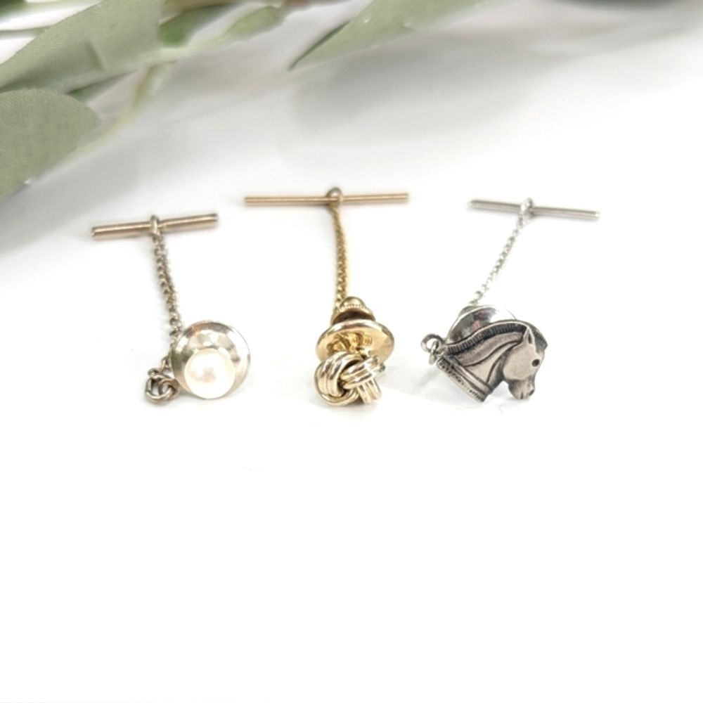 Vintage Bundle of 3 Tie Tacks Horse Pearl Knot Gold Silver